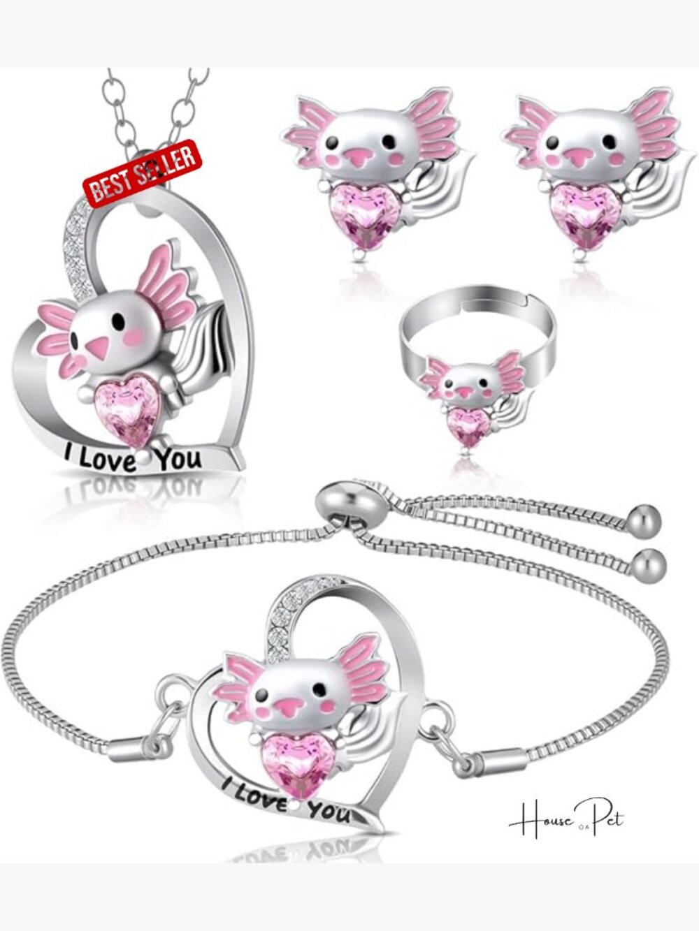 Unicorn Axolotl Jewelry Set Necklace Bracelet Ring Clip on Earrings for Toddlers